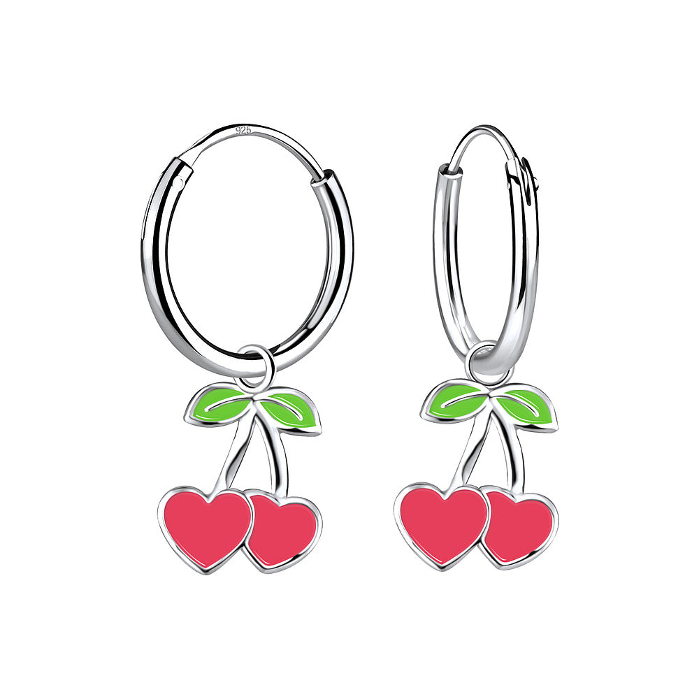 Sterling Silver Cherry Heart Charm Ear Hoops