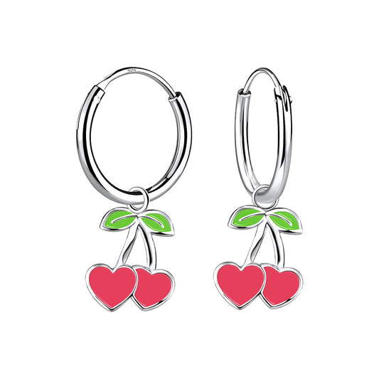 Sterling Silver Cherry Heart Charm Ear Hoops